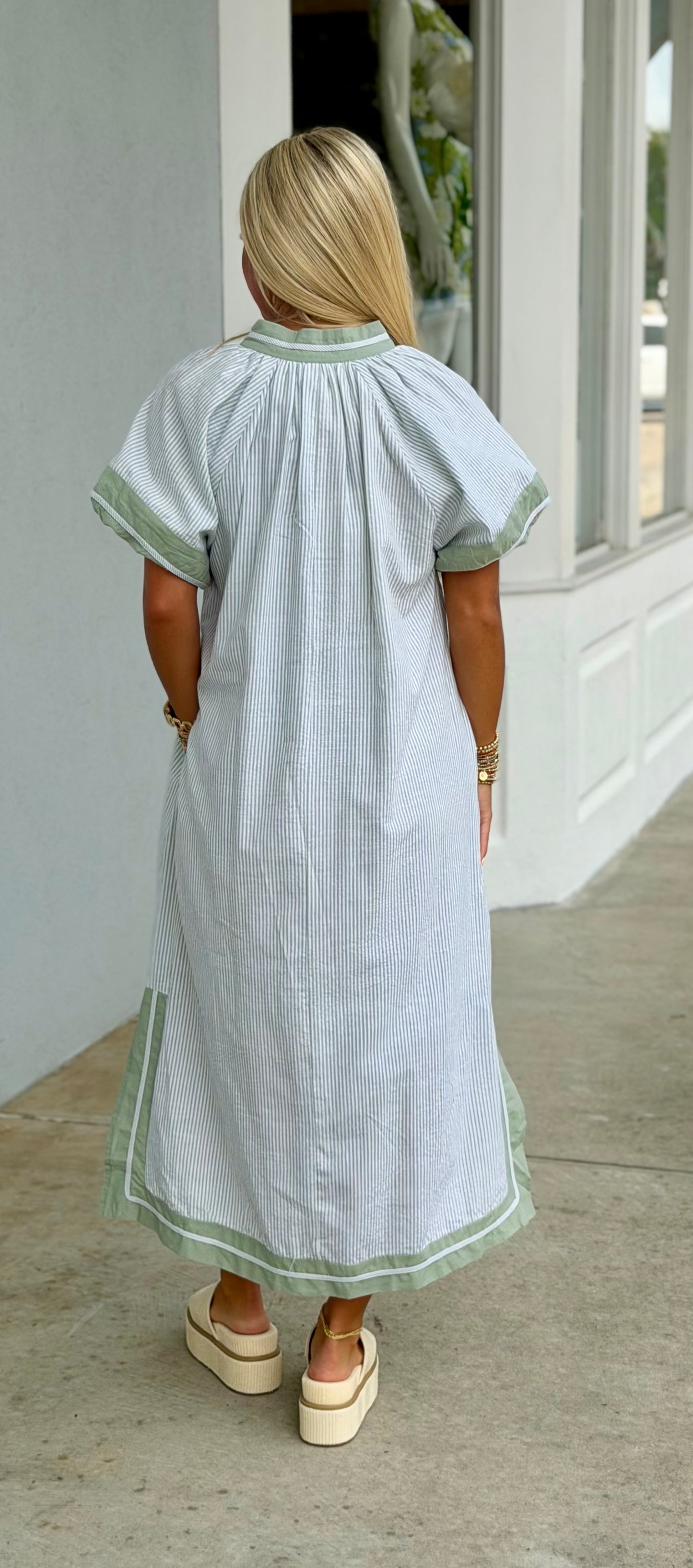 Sage Pinstripe Midi Dress