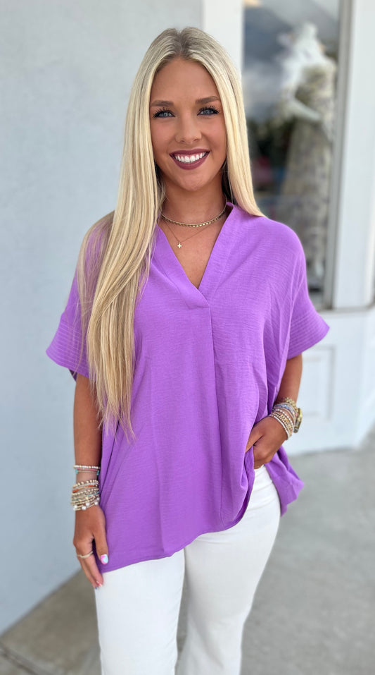 Relaxed Split Neck Boxy Top, Orchid