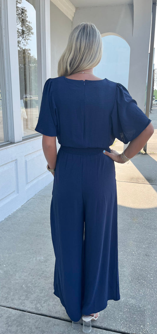 Smock Waist Wide Leg Jumpsuit , Navy