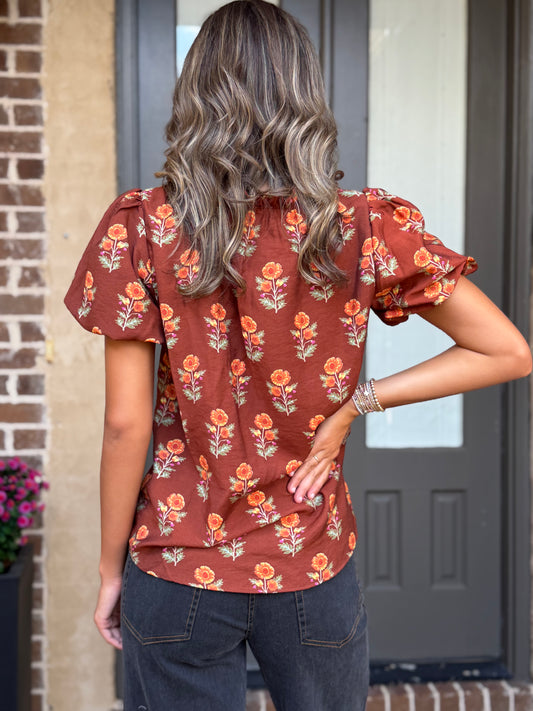 Brown Floral Puff Sleeve Blouse