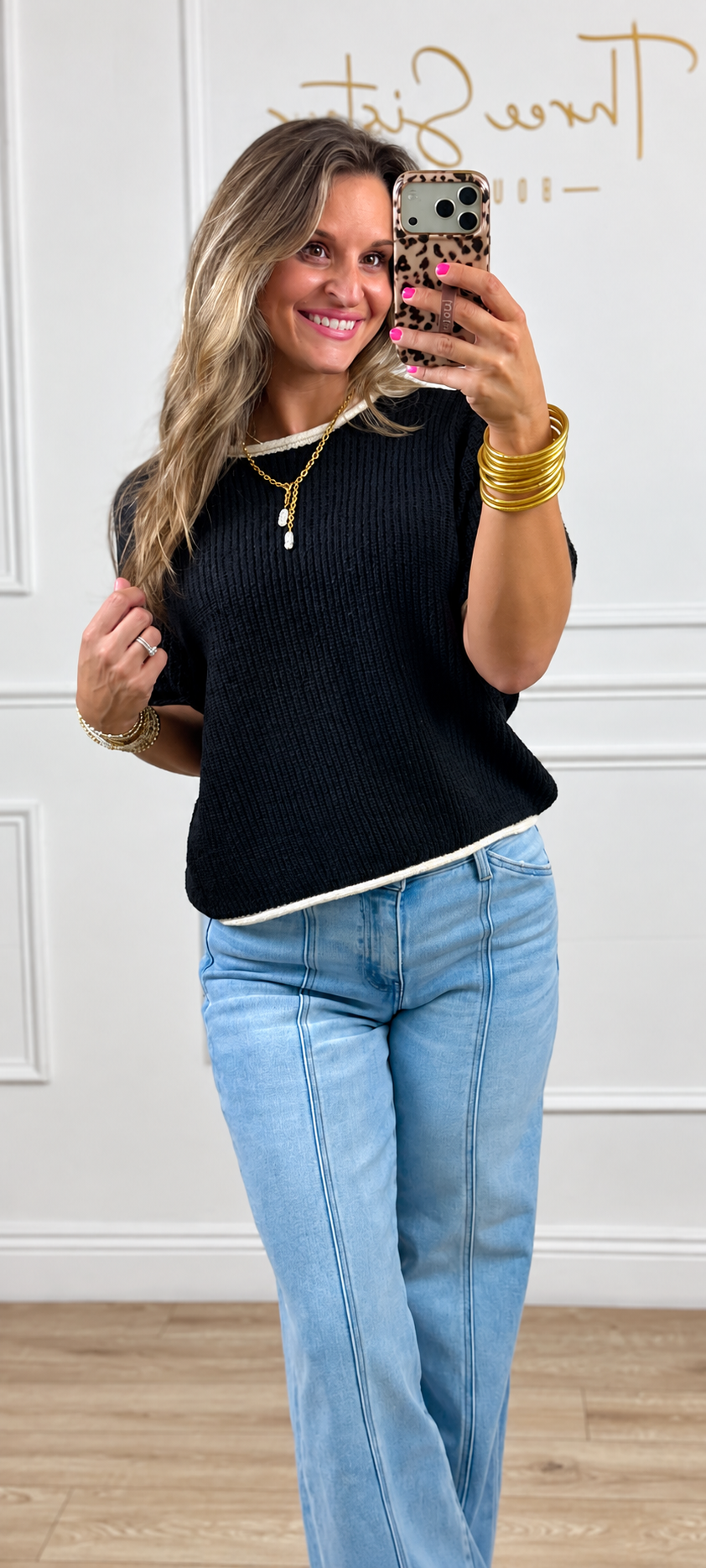 Puff Sleeve Raised Rib Knit Sweater, Black