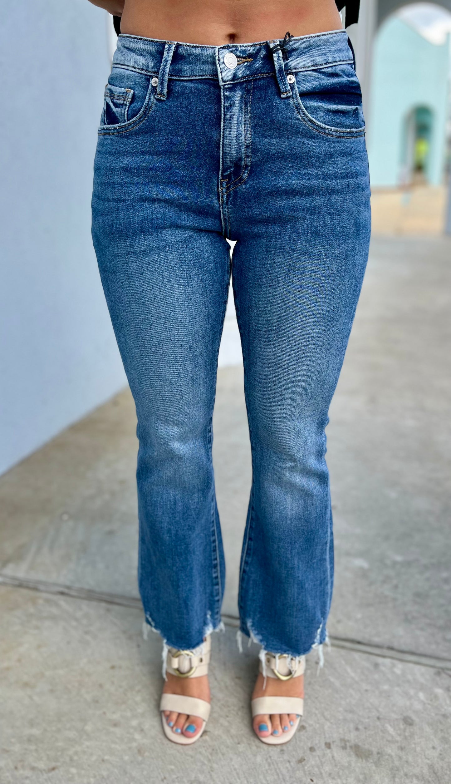 Blue Venice High Rise Ankle Flare W/Raw Hem