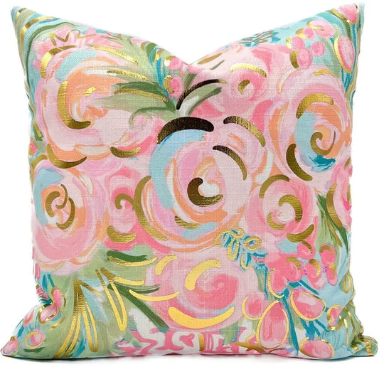 Gold Foil Cortnei Chinoiserie Blooms Pillow Polyester