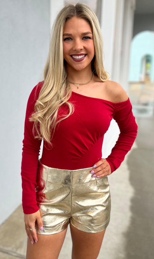 Red One Shoulder Long Sleeve Bodysuit