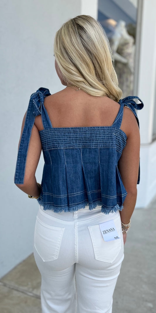 Pleated Denim Crop Top with Tie Straps