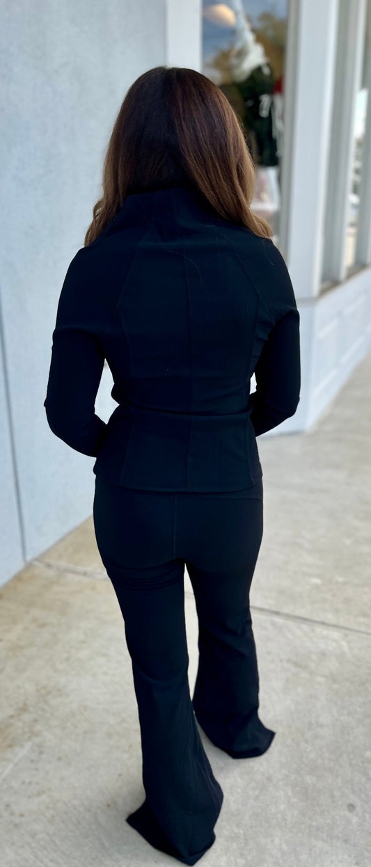 Black Nylon Rib Flare Pant