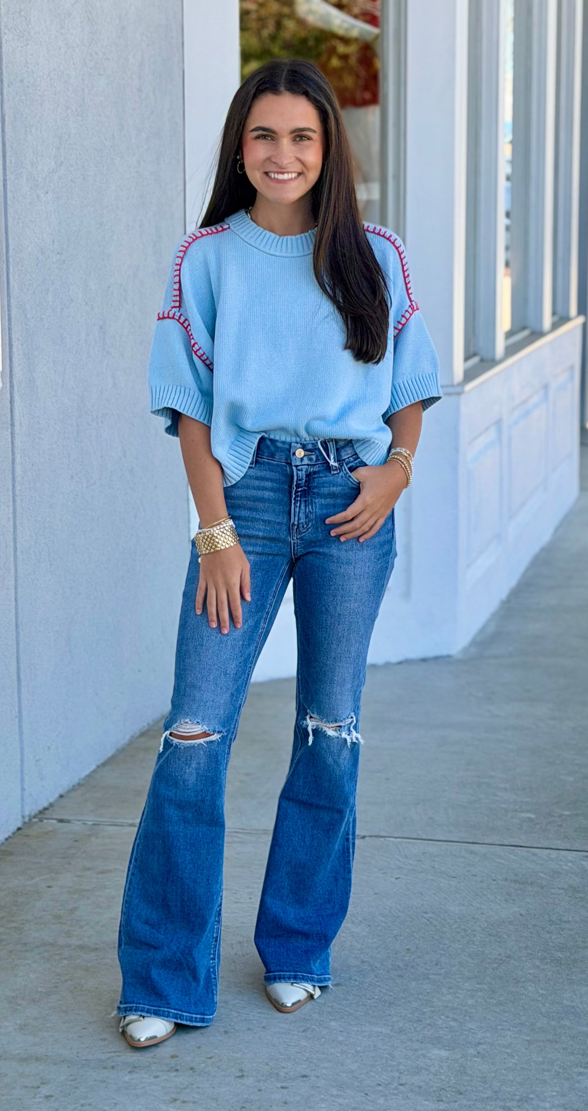 Lt Blue Contrast Stitch Boxy Sweater