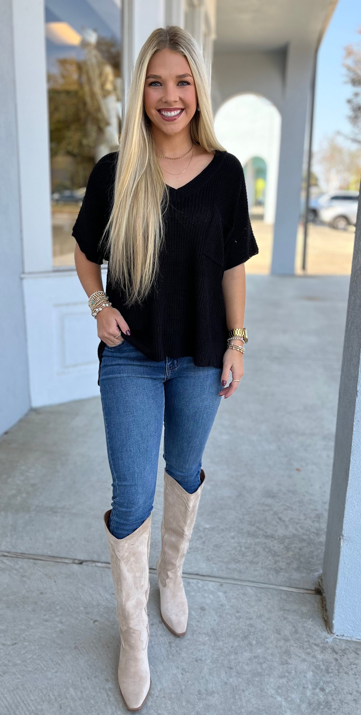 Black V Neck Top with Pocket