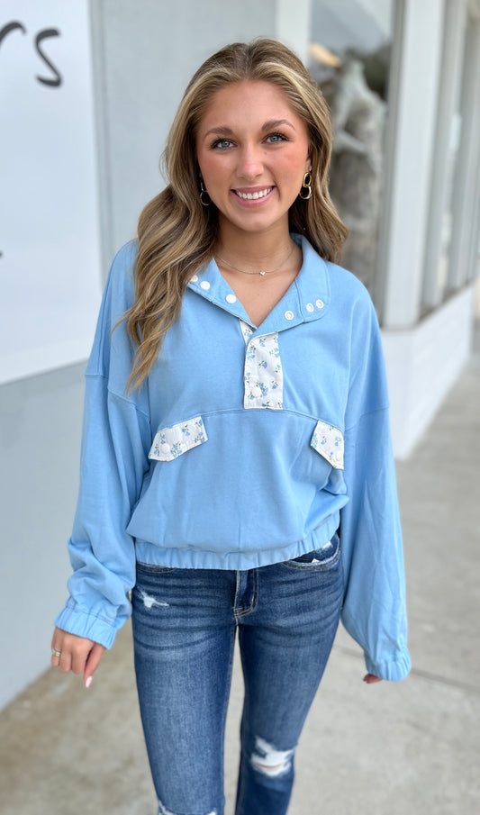 Ditsy Floral Semi Button Pullover, Dusty Blue