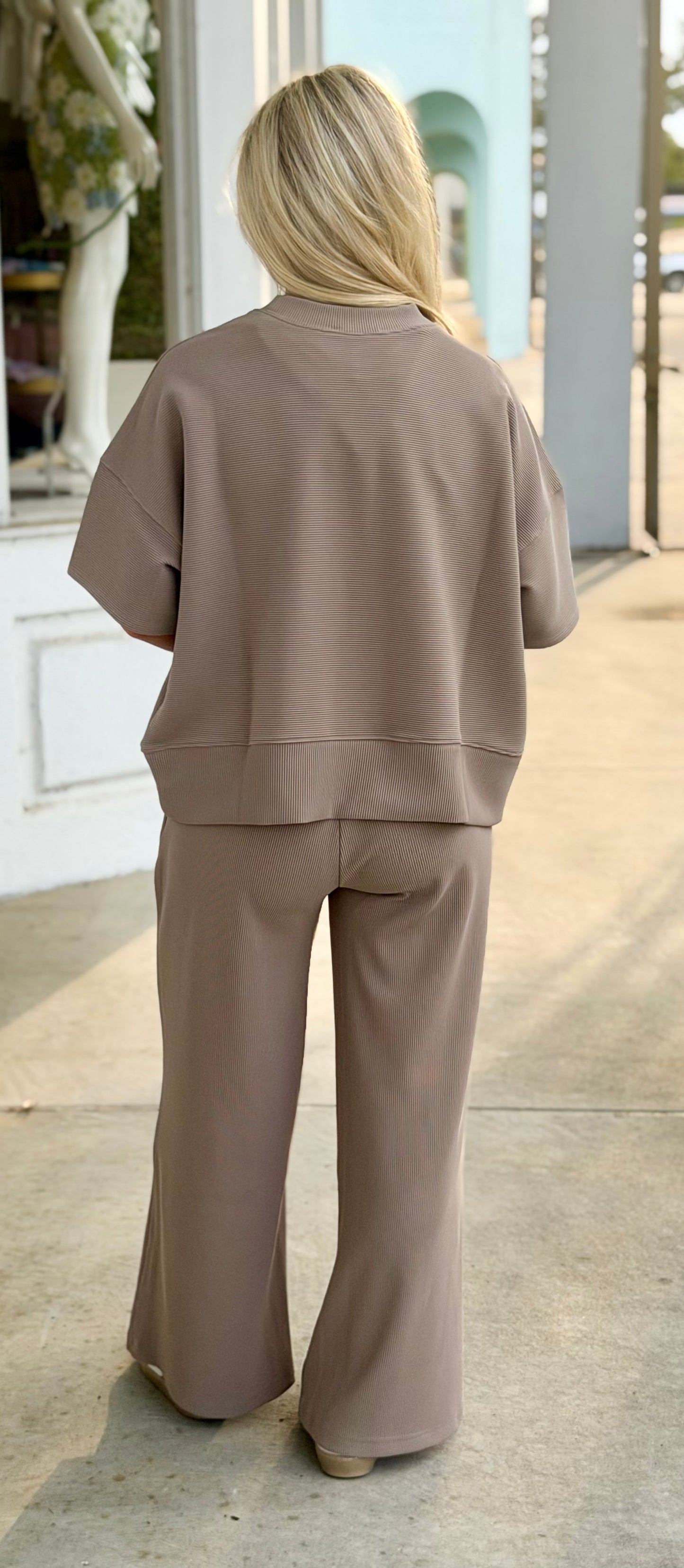 Ribbed Round Neck Tee and Pant SET, Ash Mocha