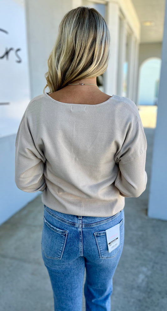 Oatmeal V Neck Seam Knit Sweater