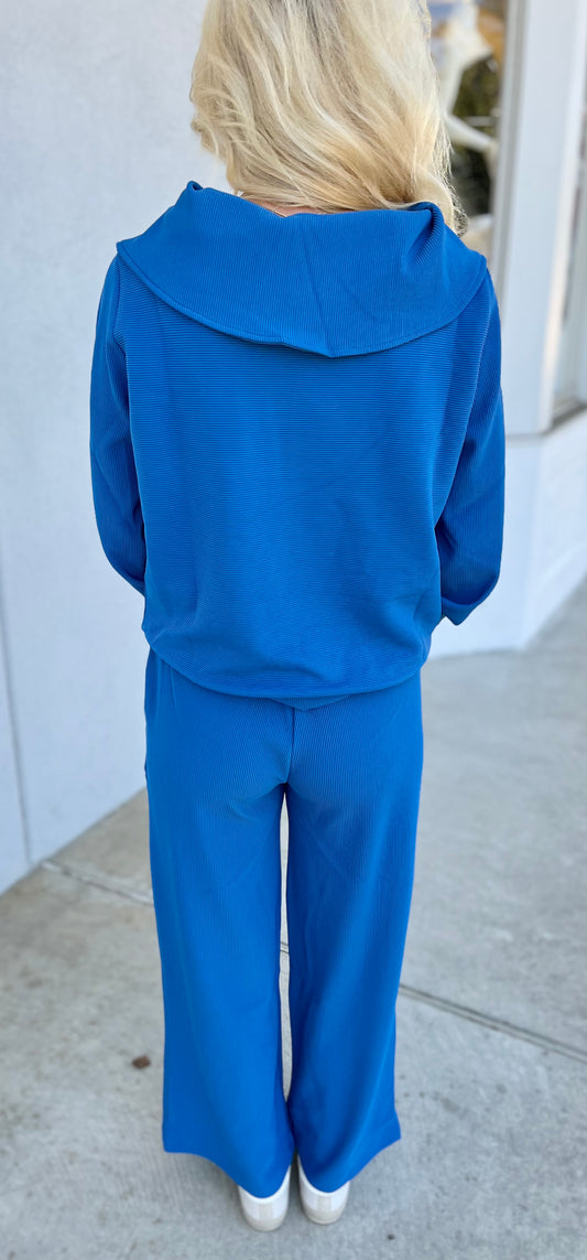 Ribbed High Neck Half Zip Top & Pants SET, Classic Blue