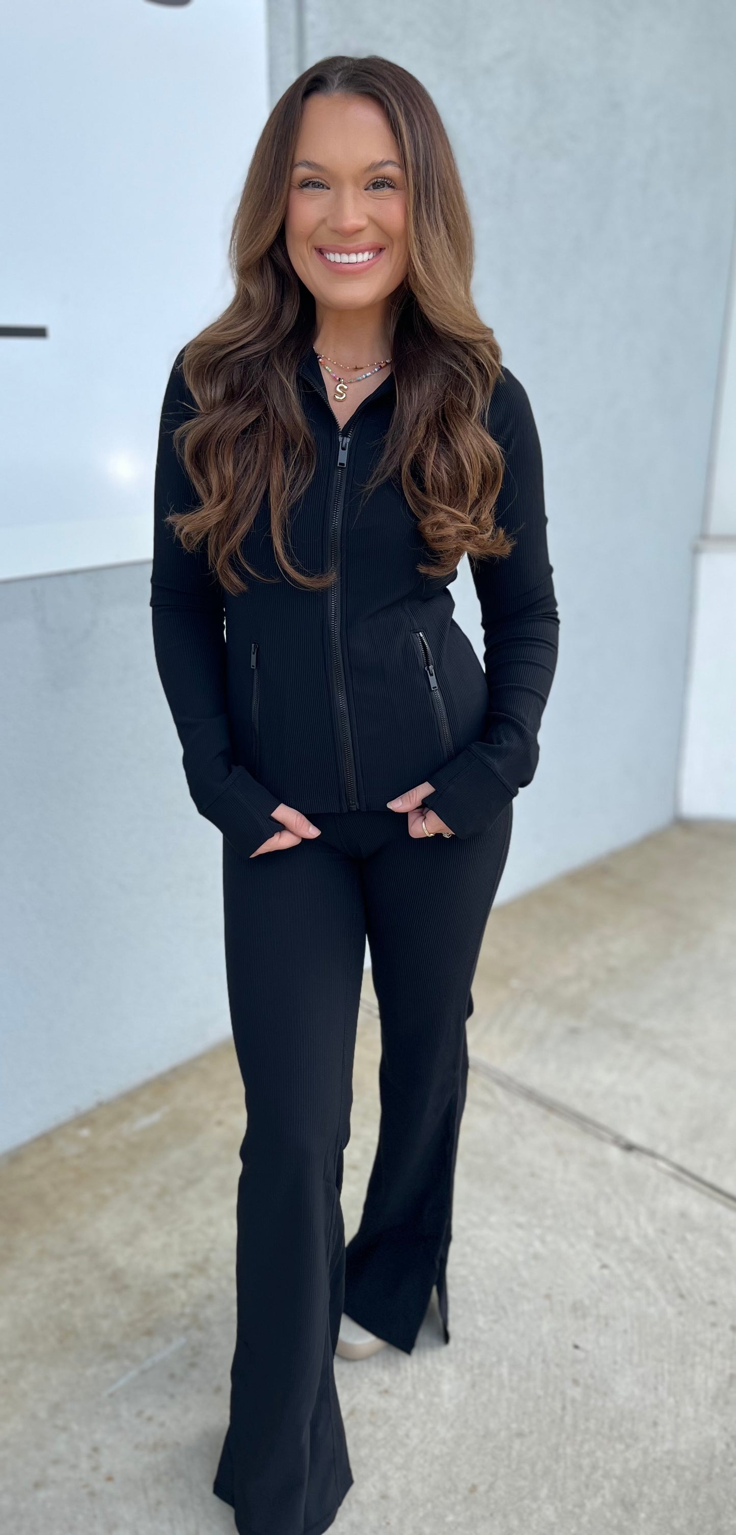 Black Nylon Rib Flare Pant