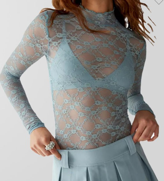 Blue Mesh Lace Long Sleeve Top