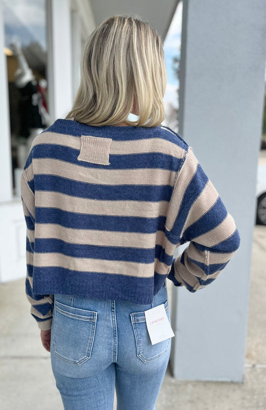 Navy Striped Boat Neck Cropped Sweater