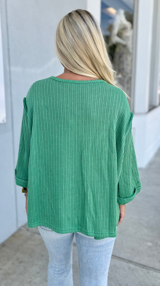 Folded Sleeve Knit Top , Green