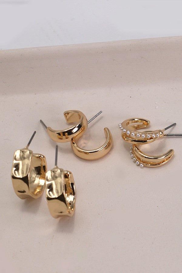 Trio Round Pearl Huggie Hoop Earrings