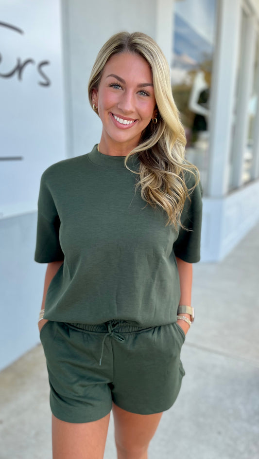 Scuba High Neck Top & Shorts SET, Dk Olive