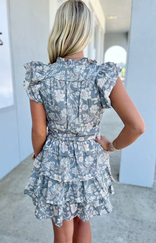Sage Floral Layered Ruffle V Neck Dress