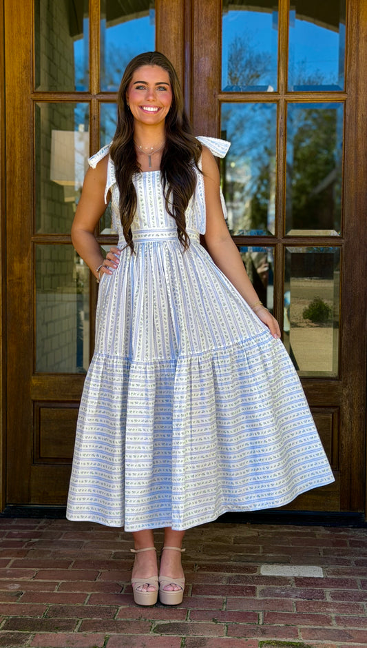 Blue Floral Printed Tiered Midi Dress