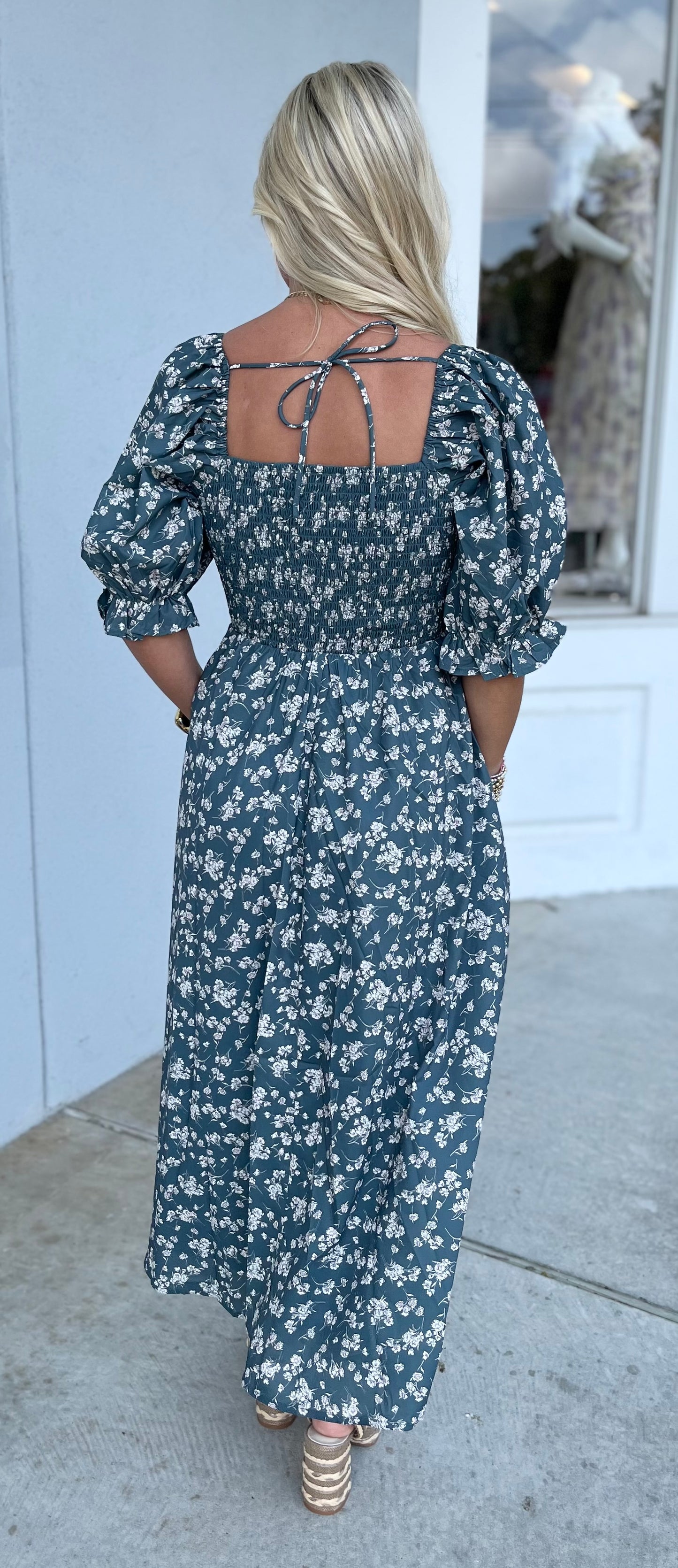 Green/Cream Floral Puff Sleeve Midi Dress