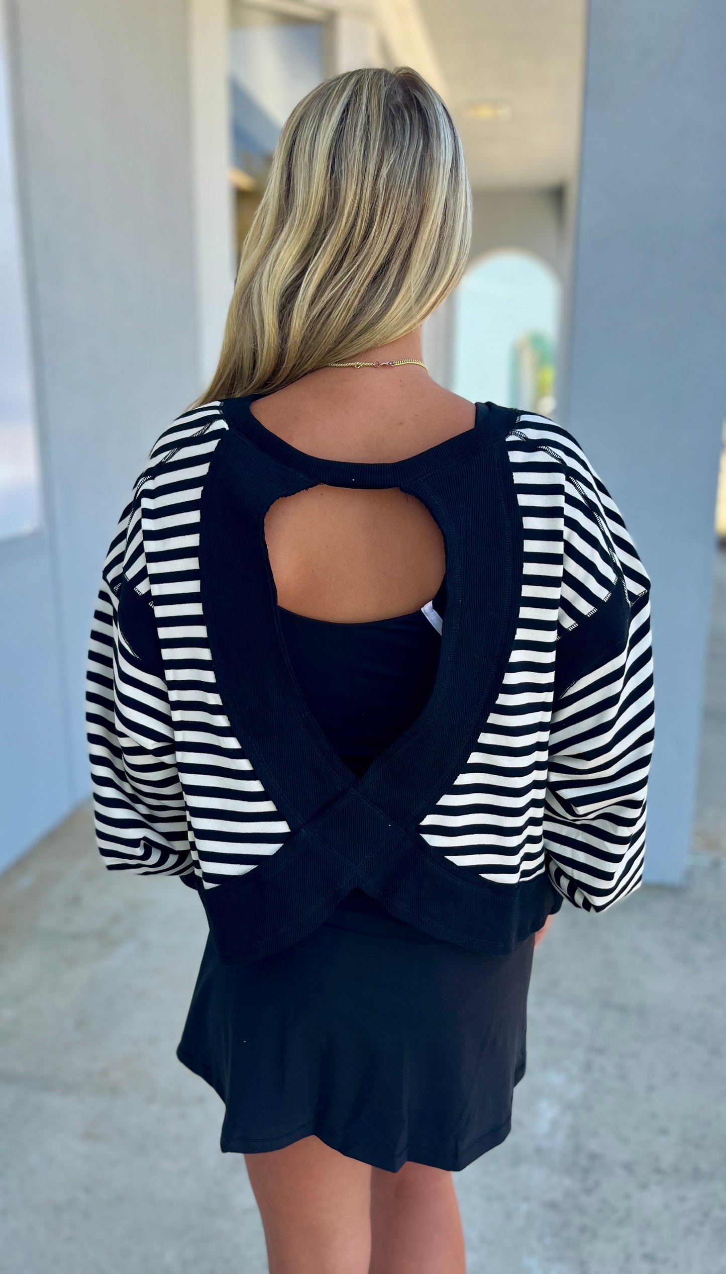 Open Back Long Sleeve Top, Black