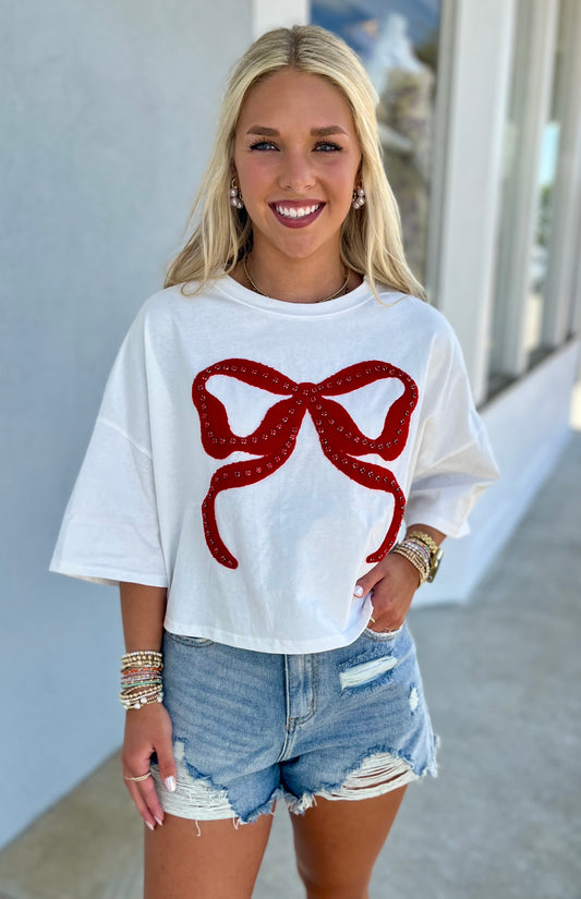 Rhinestone Studded Bow Cotton Tee, Off White