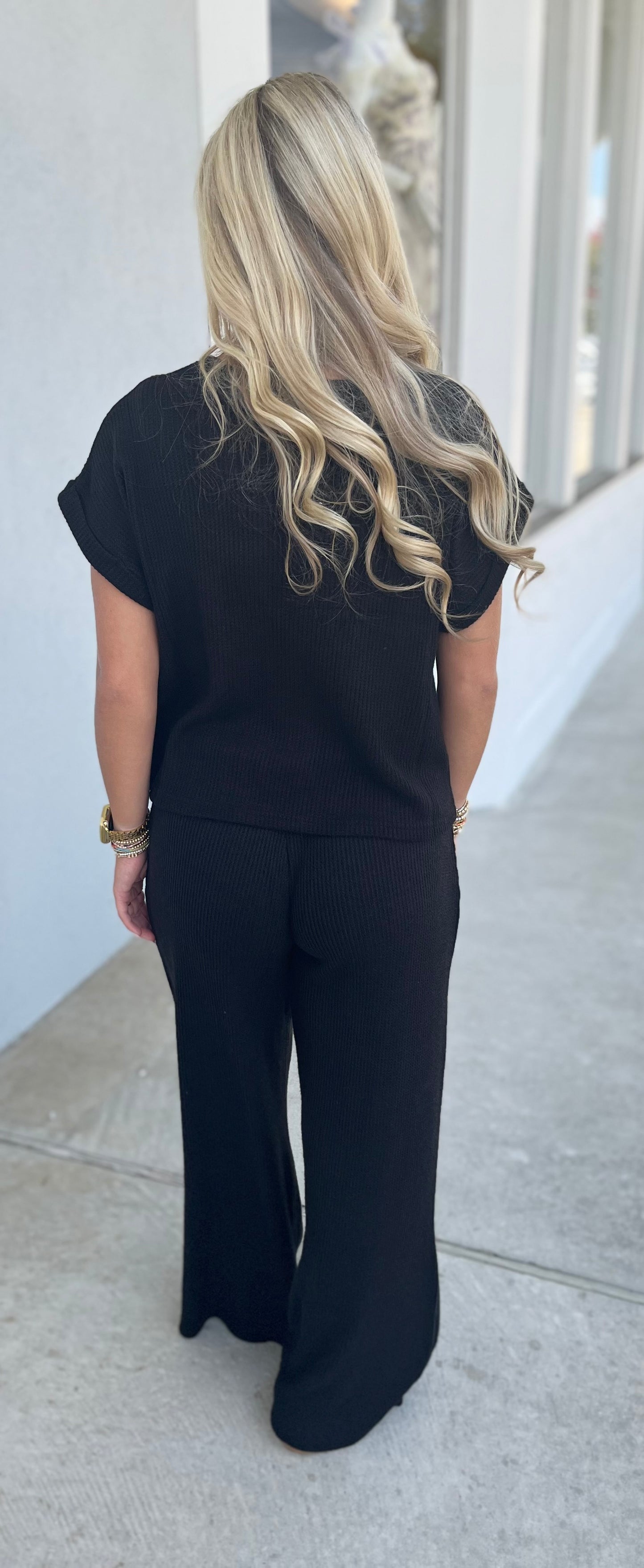Rolled Sleeve Top & Pants SET, Black