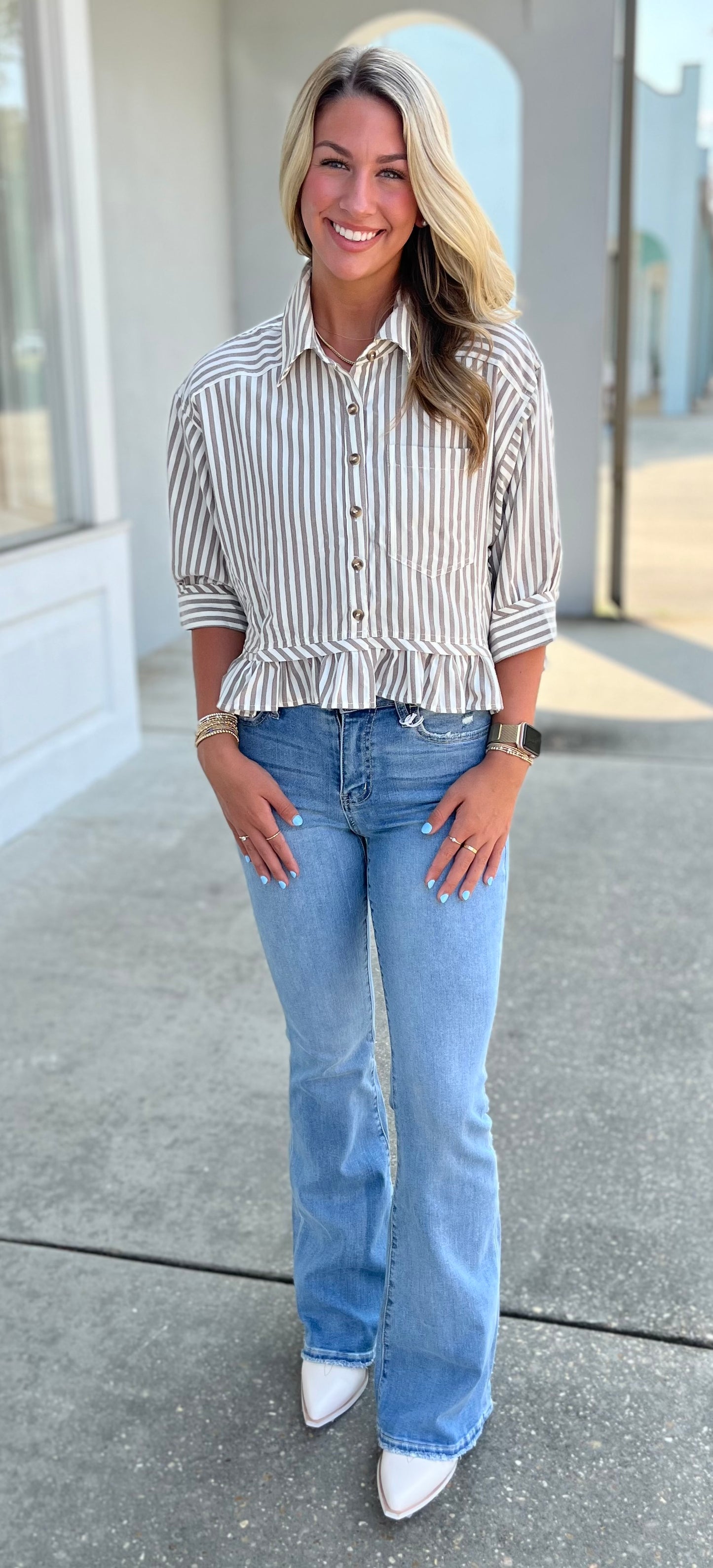 Coco Striped Ruffle Hem Button Up Blouse