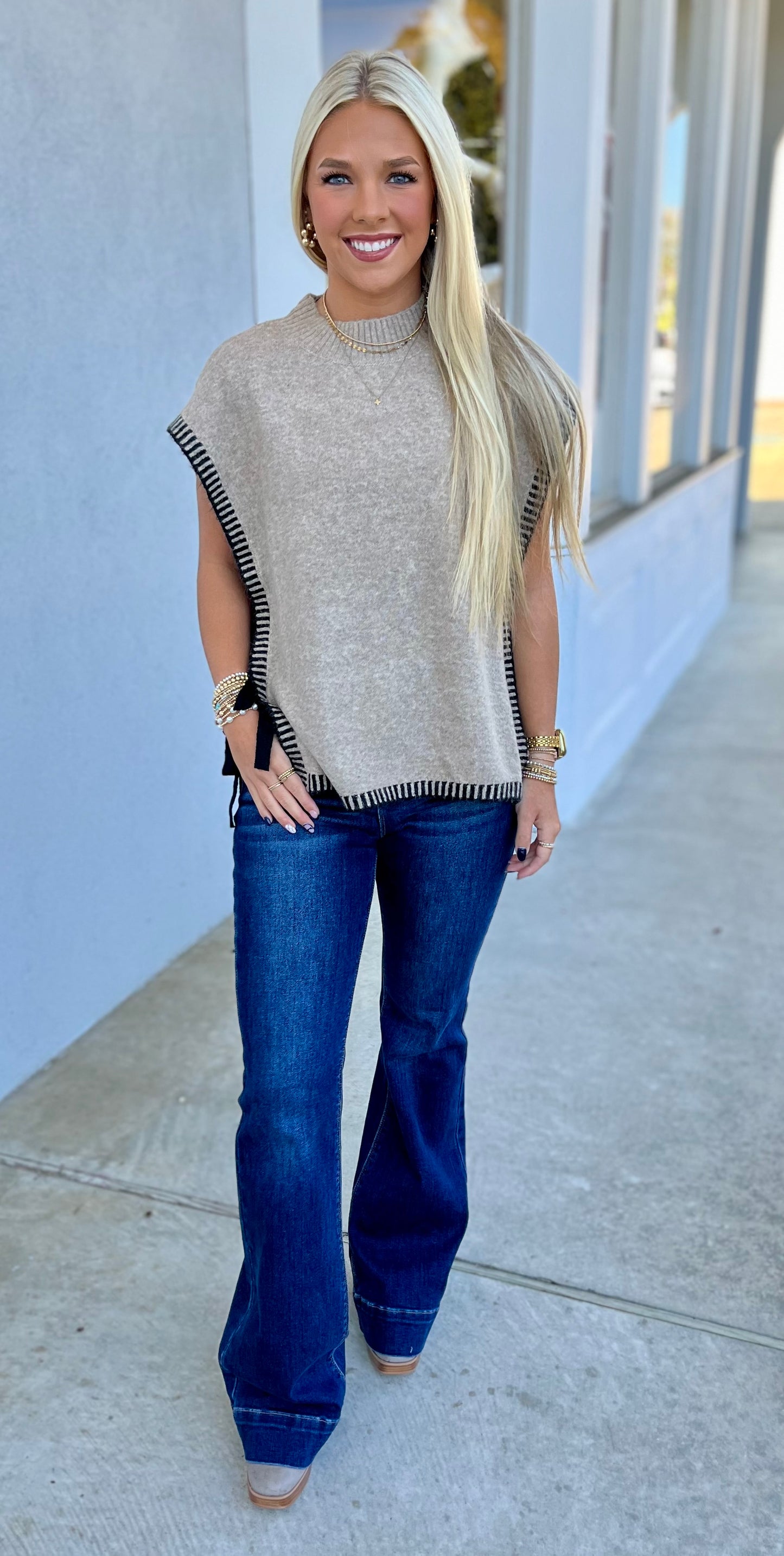 Side Tie Knit Sweater Vest, Mocha