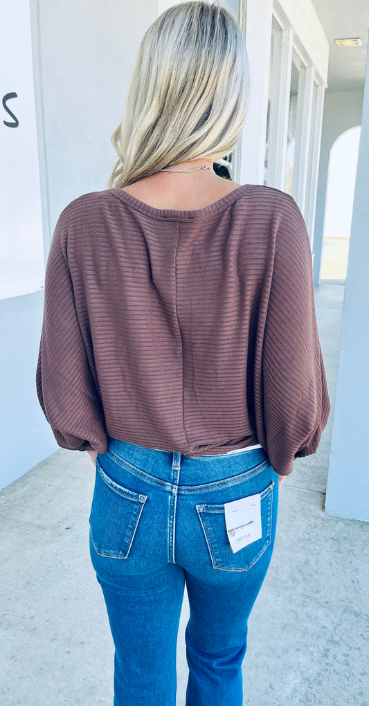 Ribbed Batwing Boat Neck Sweater, Brown