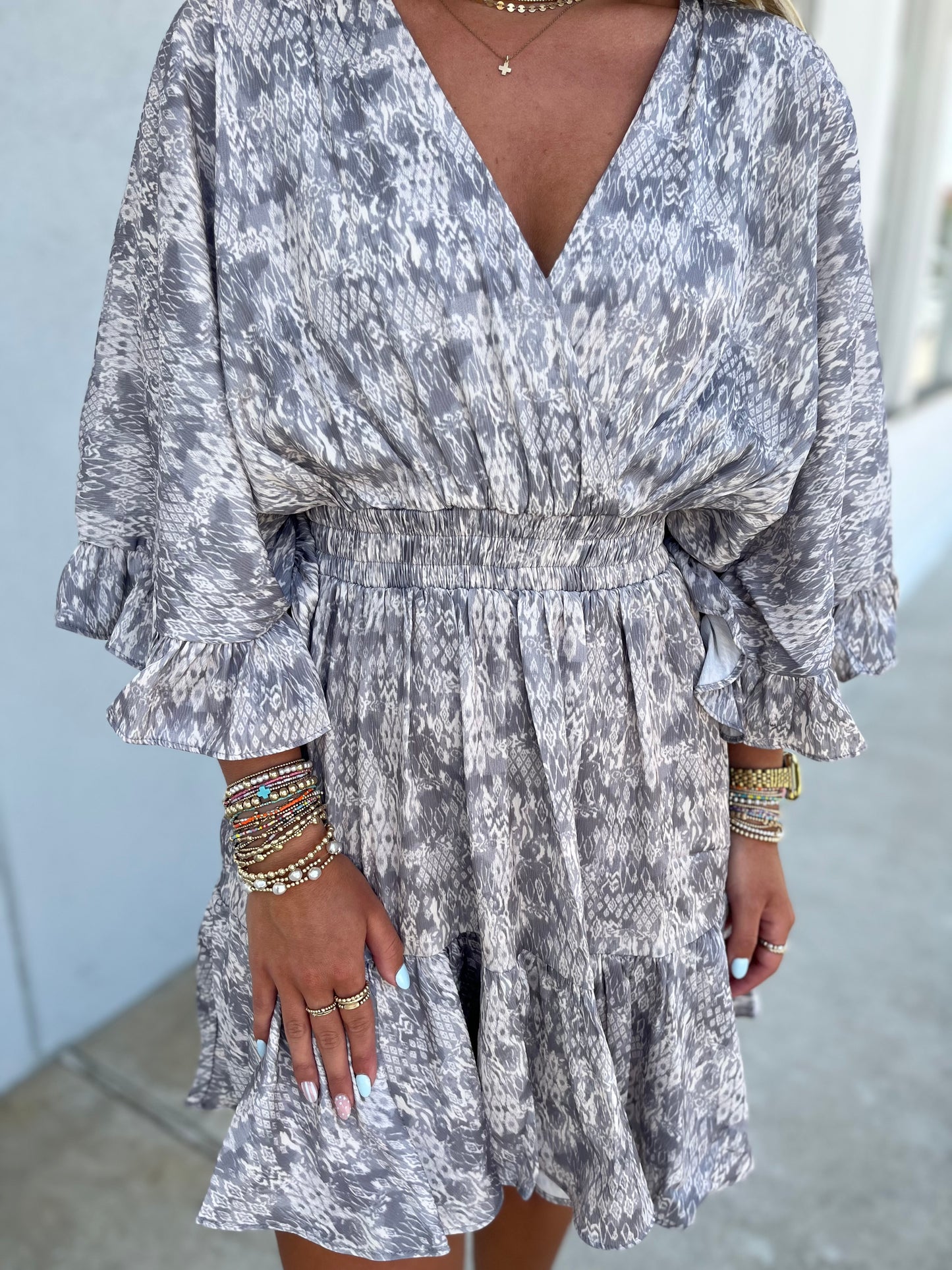 Grey Wrap-Front Neck Flutter Sleeve Waist Smocked Mini Dress