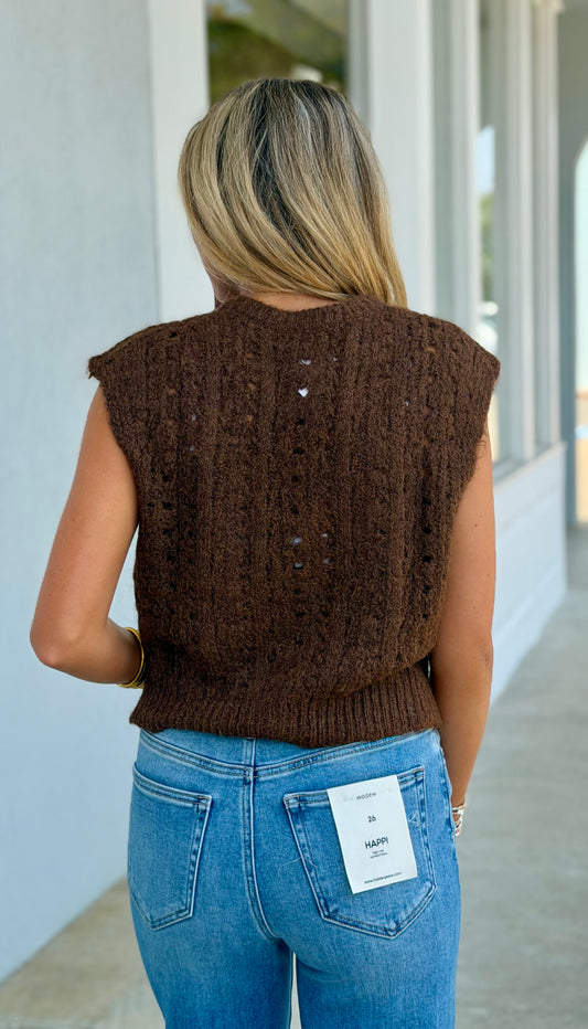 Open Knit Button Sweater Vest, Brown