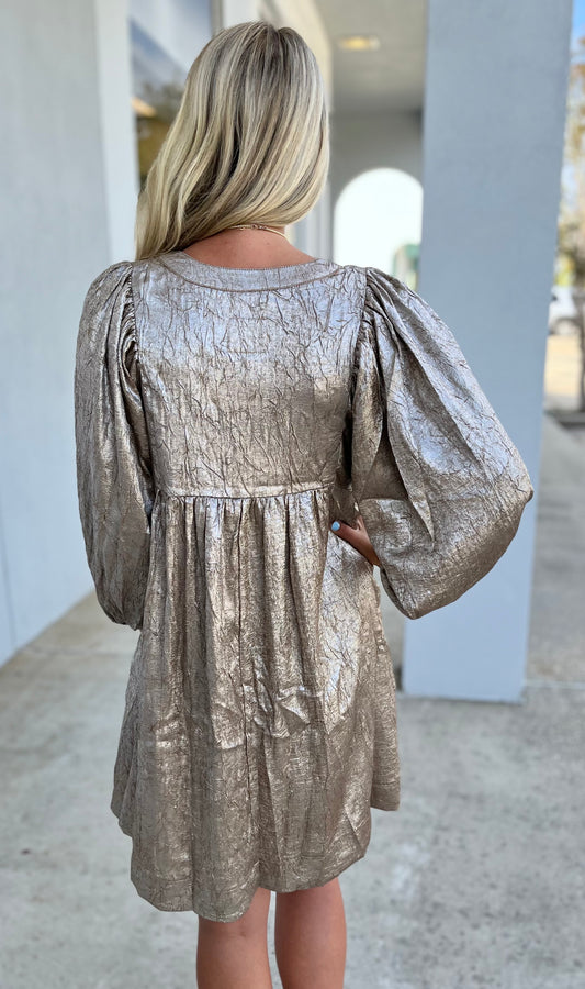 Gold Metallic Foil Mini Dress With Buttons