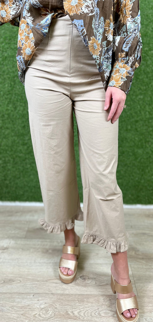 Taupe Straight Leg Ruffle Hem Pants