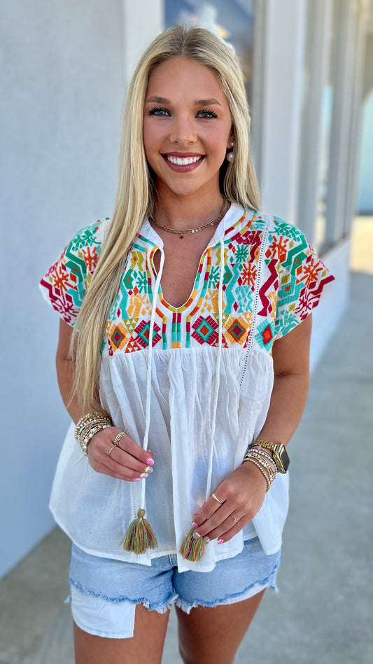 Embroidered Babydoll Tassel Tie Top