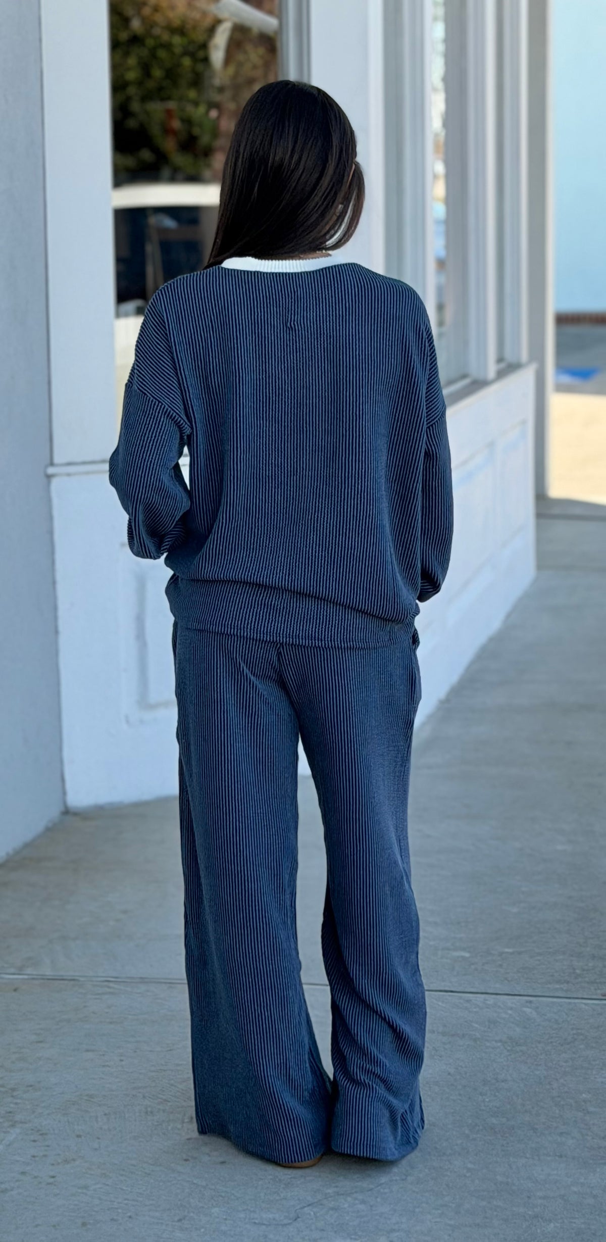 Raised Rib Round Neck Pullover & Pants SET, Navy