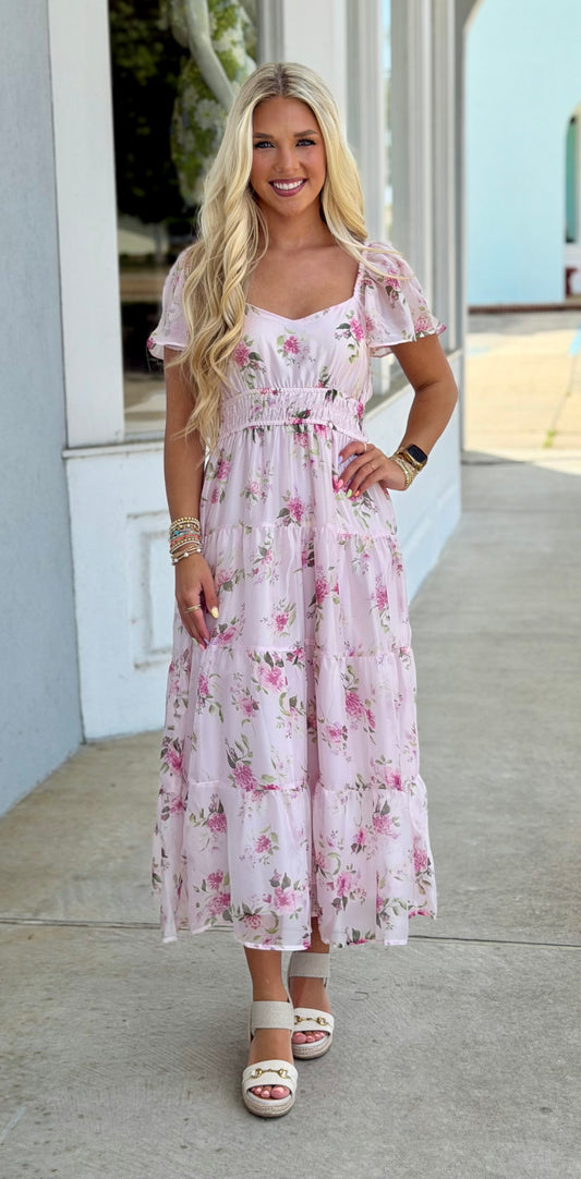 Pink Multi Floral Chiffon Flounce Midi Dress