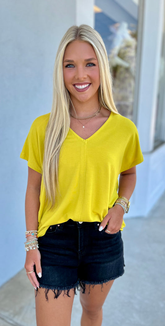 Solid V Neck Top , Honey Mustard