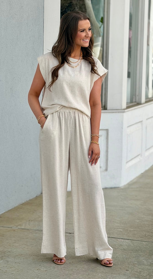 Natural Linen Crew Neck Boxy Top