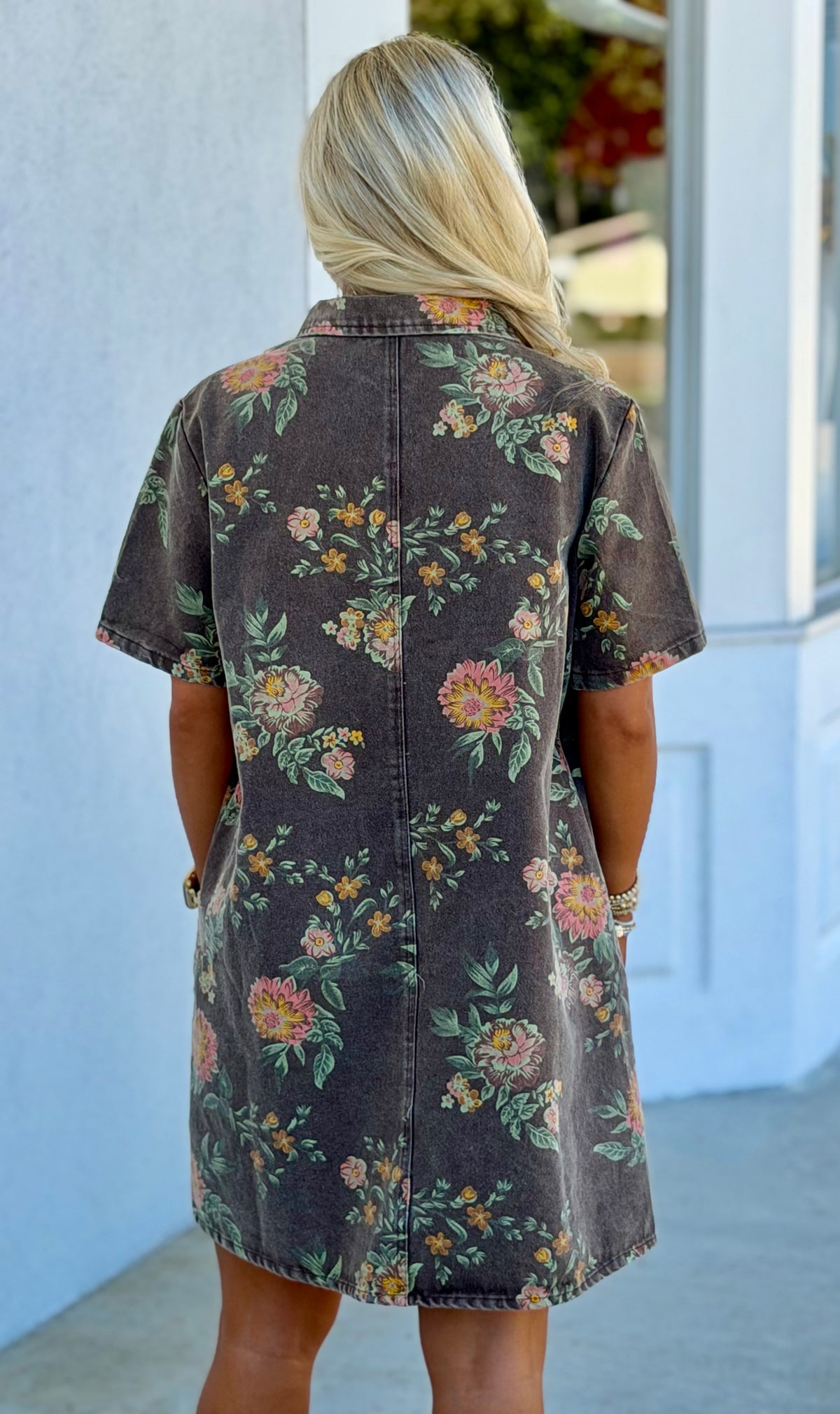 Mocha Floral Print Washed Denim Dress