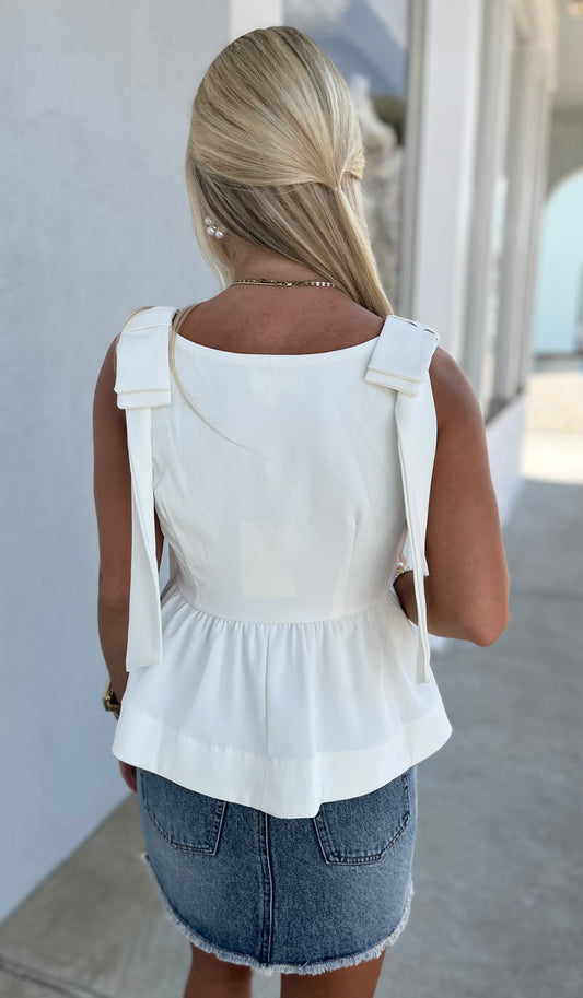 Bow Accent Ruffle Hem Top , Off White