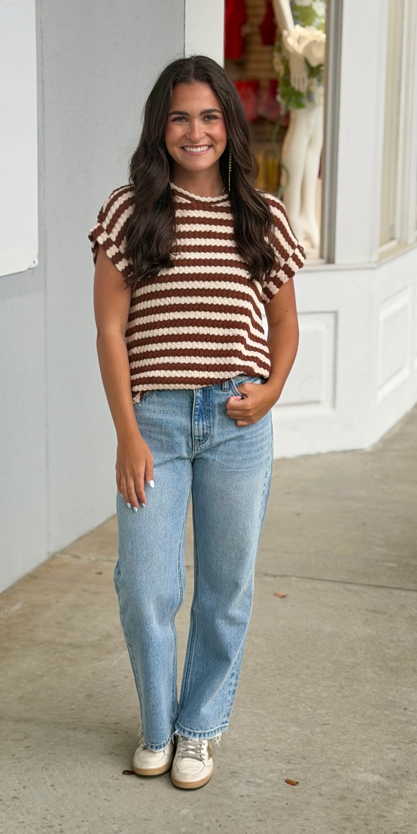 Textured Stripe Round Neck Dolman Top, Brown