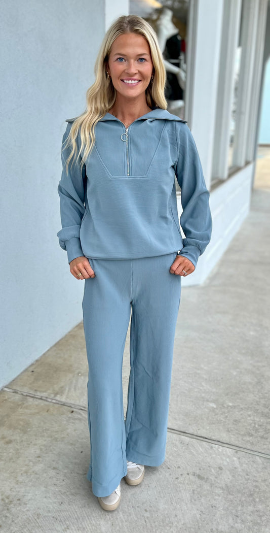 Ribbed High Neck Half Zip Top & Pants SET, Blue Grey