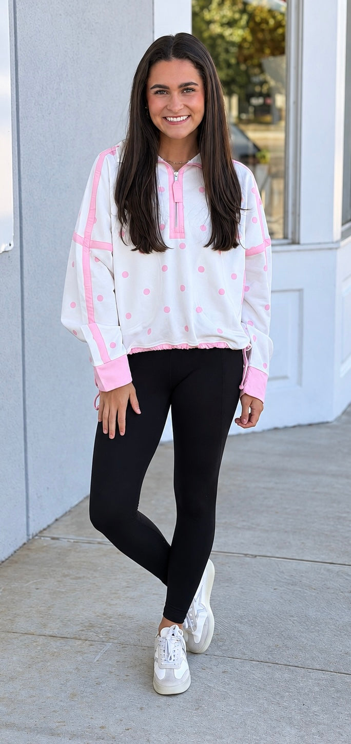Pink/White Polka Dot Quarter Zip Pullover