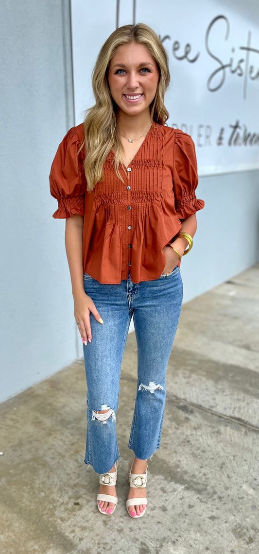 Chestnut Smocked Cuffs Puff Sleeves Pintuck top
