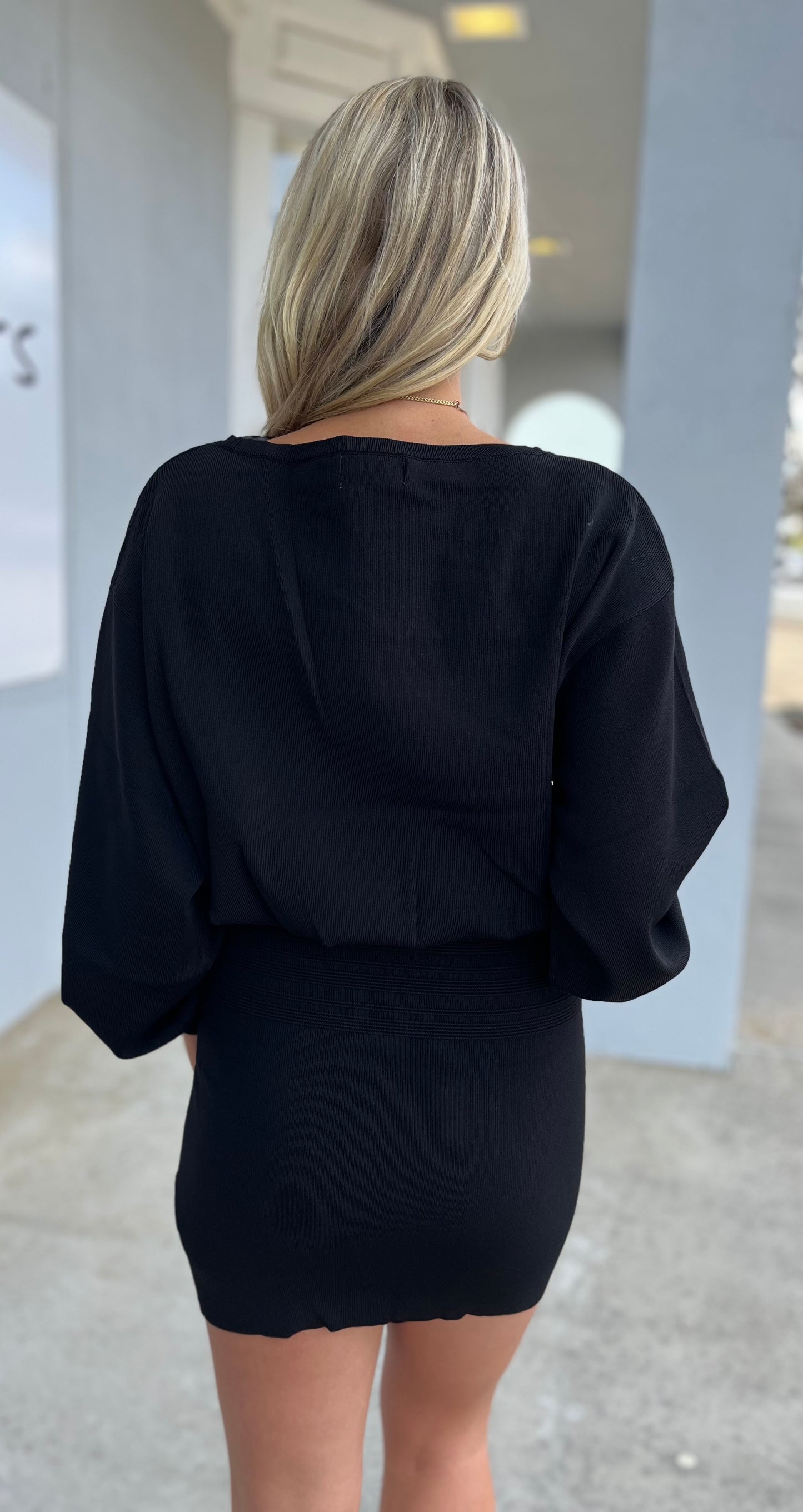 Black Waistline Long Puff Sleeve Knit Mini Dress