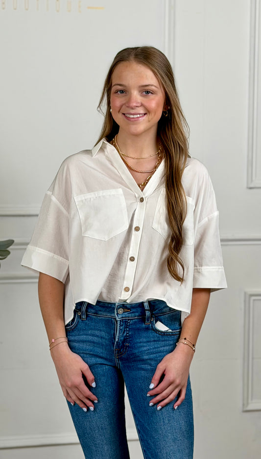 Collared Cropped Button Down Top, White
