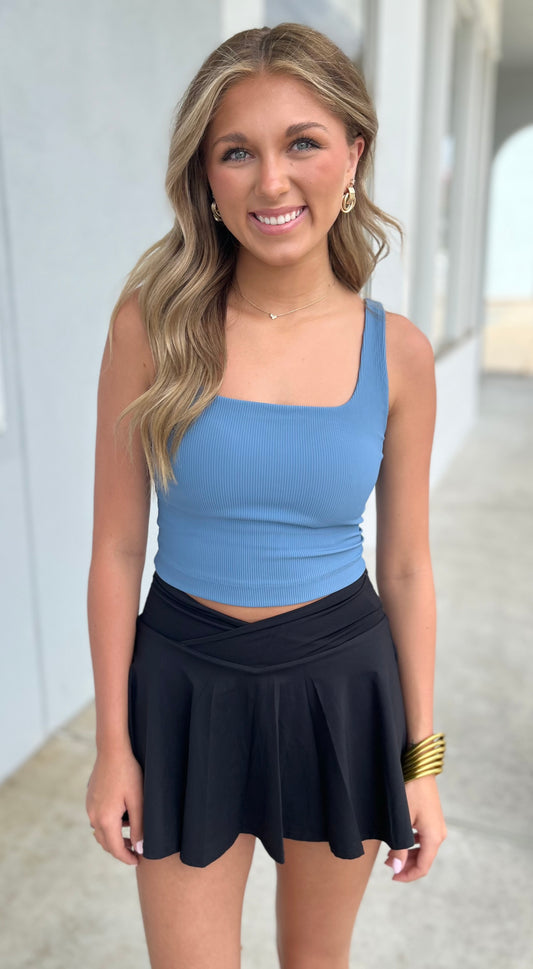 Square Neck Ribbed Crop Top , Blue