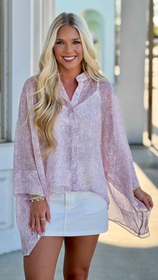 Rose Print Sheer Button Down Blouse
